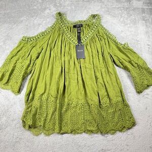 Crochet Peasant Top Green Flowy Cold Shoulder Women's 1X Festival Boho Lace‎